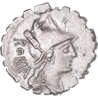 Pièce de monnaie, 
  
  C. Poblicius Qf, 
  
  Denier Serratus