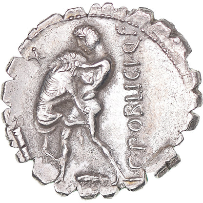 Pièce de monnaie, 
  
  C. Poblicius Qf, 
  
  Denier Serratus